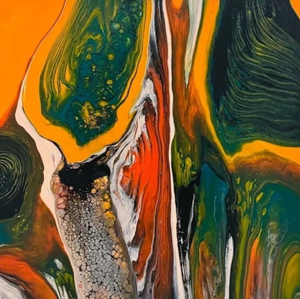 Vibrant abstract painting with flowing green, orange, and black hues.
