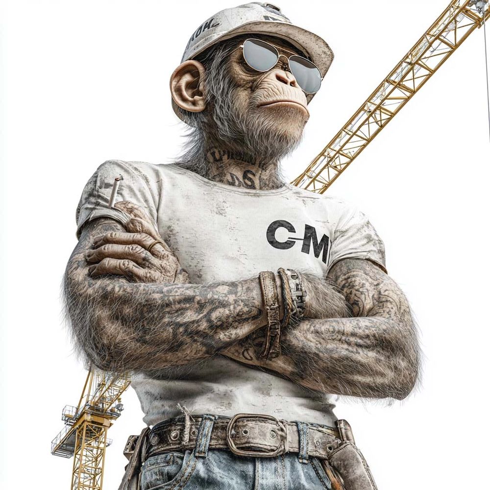 Tattooed ape wearing sunglasses and a construction hat stands confidently with crossed arms.