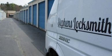Pic of Stephens Locksmith van in a storage facility. 