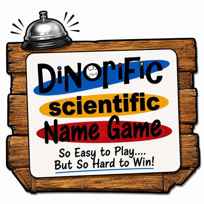 Sign for Dinorific scientific name game with a bell.