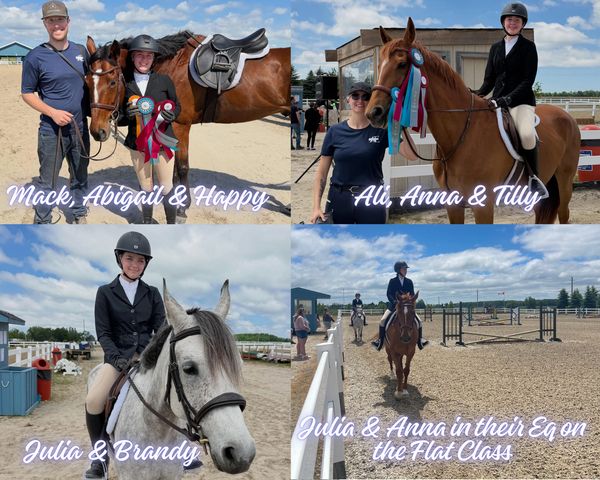 Four images of riders with their horses at a horse riding event, showing awards and riding action.