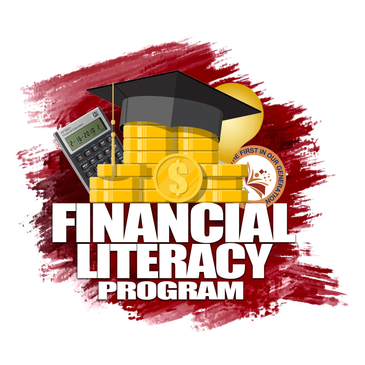 Financial Literacy Program logo with money, calculator, and graduation cap.