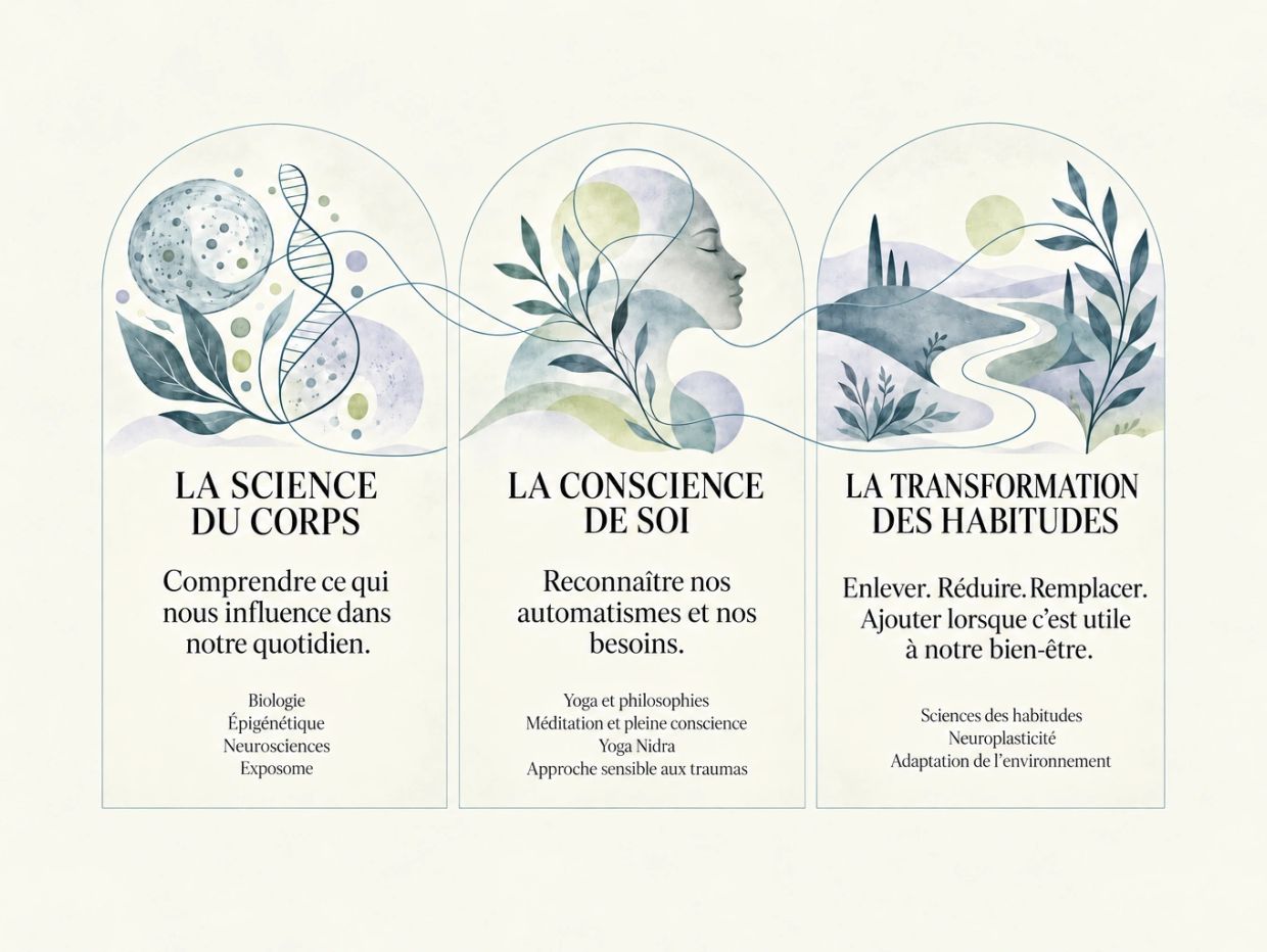 Three interconnected panels about body science, self-awareness, and habit transformation.
