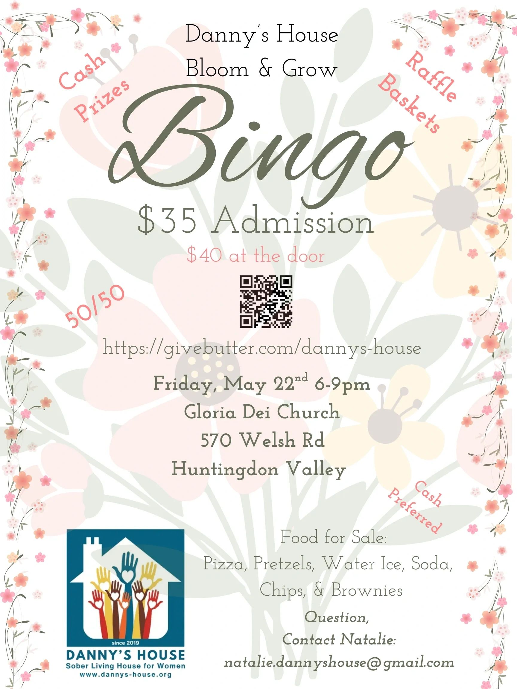 Bingo night fundraiser at Gloria Dei Church with cash prizes and raffle baskets.