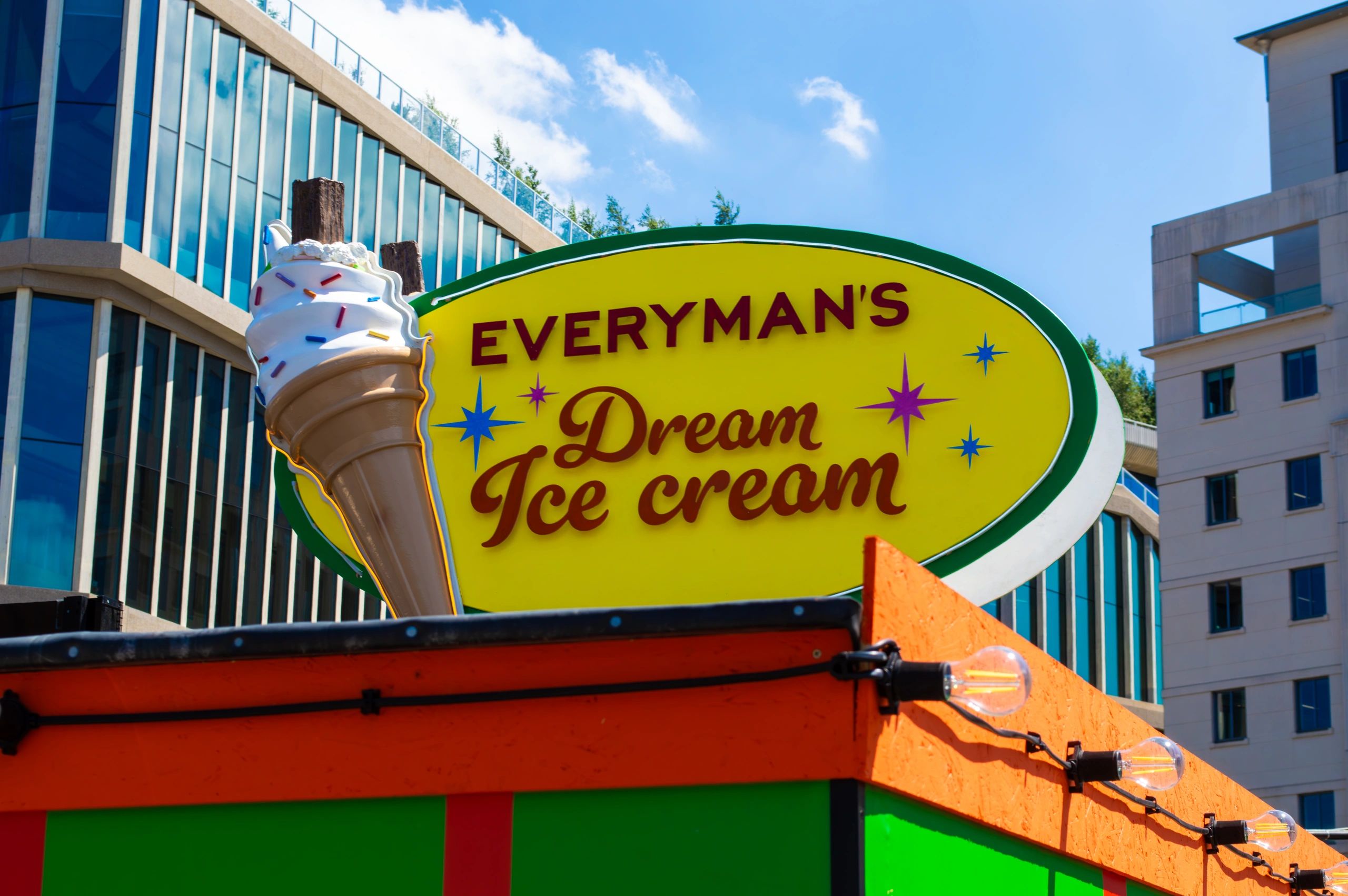 Bright yellow ice cream sign with a giant cone against modern buildings.