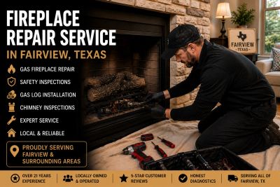 Technician repairing a fireplace in Fairview, Texas, with tools ready.