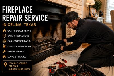 Technician repairing a fireplace in Celina, Texas with tools laid out.