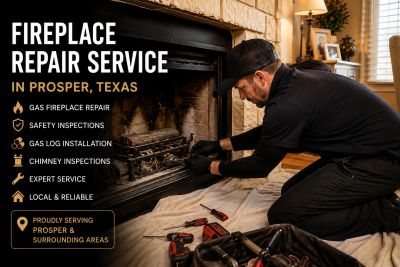Technician repairing a fireplace in a cozy home setting.