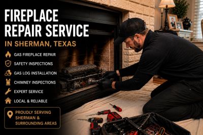 Technician repairing a fireplace in Sherman, Texas with professional tools.
