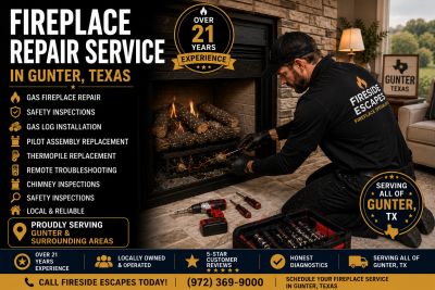Technician repairing a fireplace, offering repair services in Gunter, Texas.