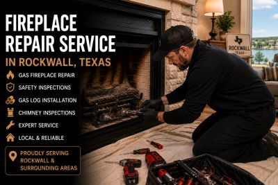 Technician repairing a fireplace in a cozy living room in Rockwall, Texas.