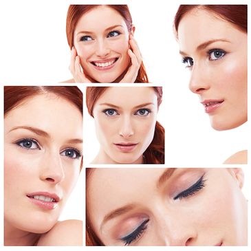 Collage of a red-haired woman showing various facial expressions and makeup looks.