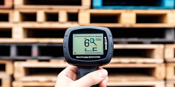 A person holding up a device in front of stacks of pallets.