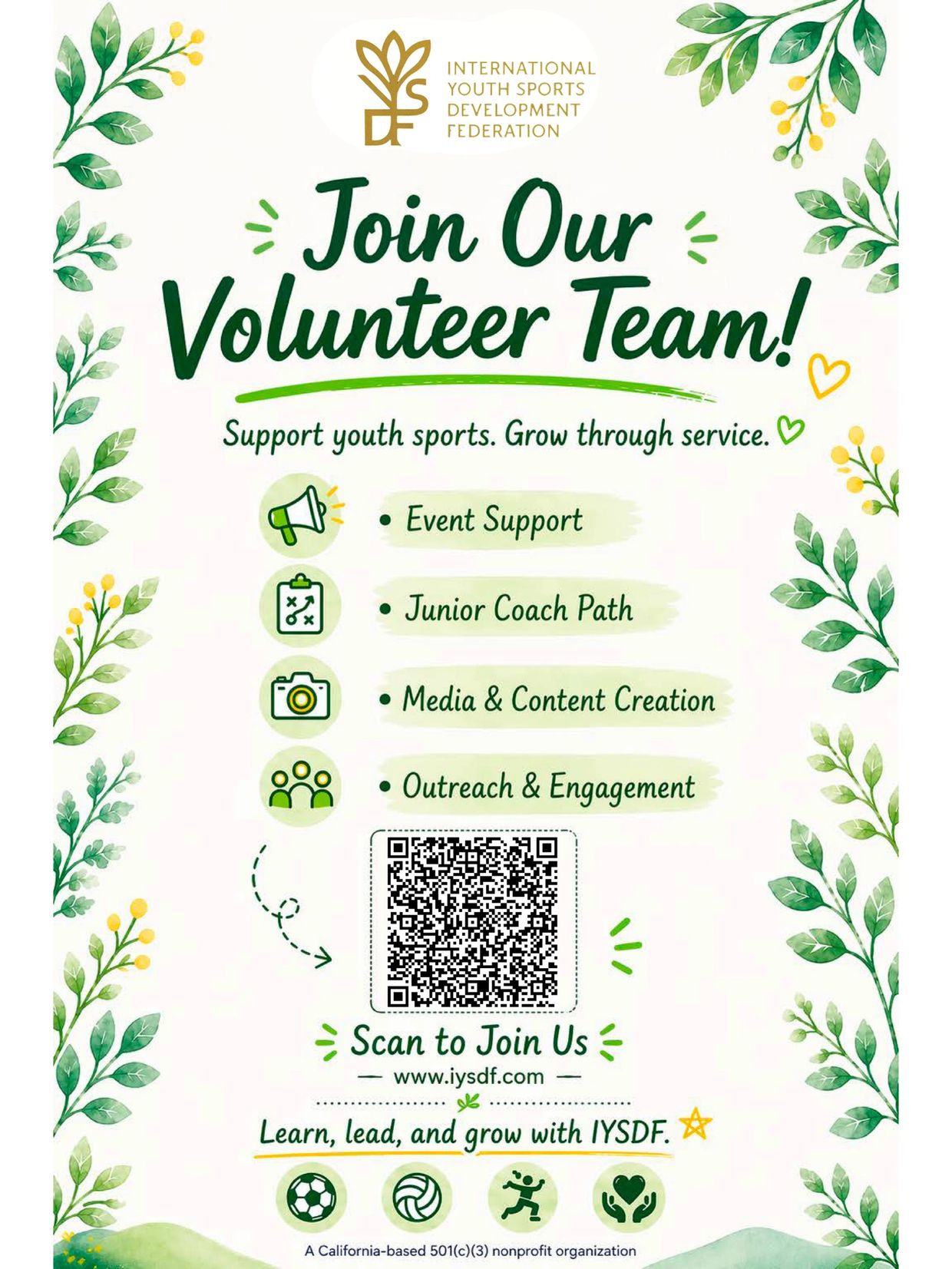 Join IYSDF's volunteer team to support youth sports and community engagement.