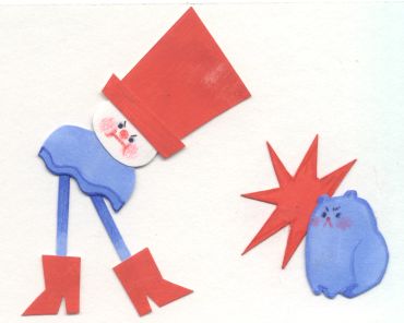 Paper cutout of a tall red-hatted character and a blue angry cat.