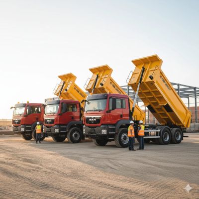 Three red and yellow dump trucks with raised beds and workers in safety vests.