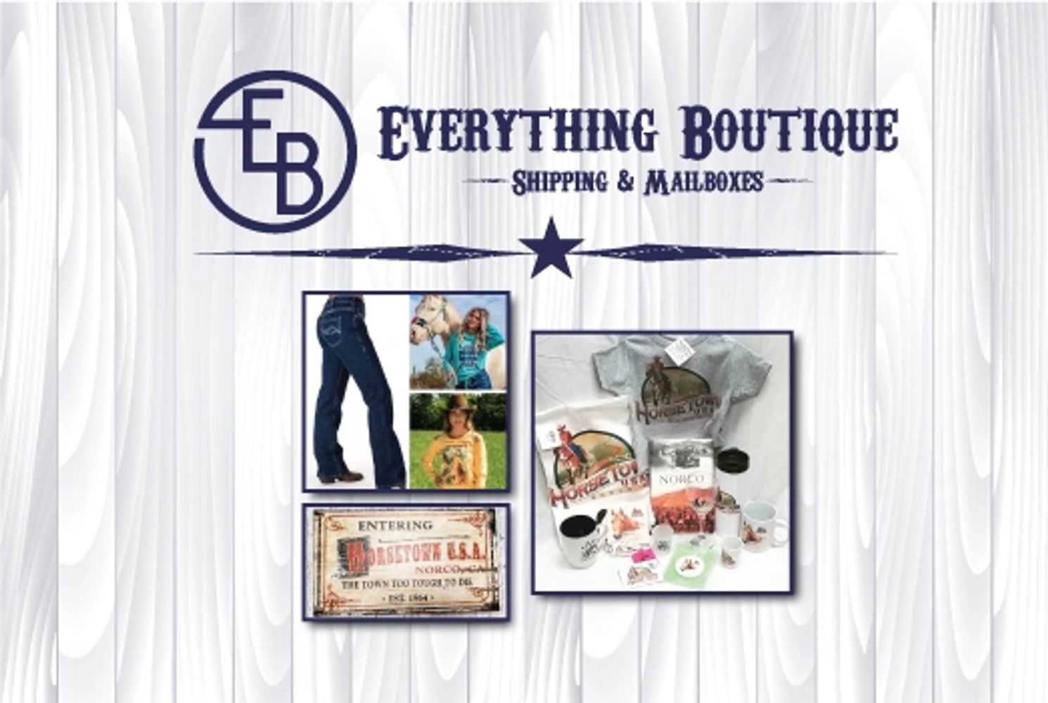 business logo and examples of clothing, decor, and gift products sold in the store