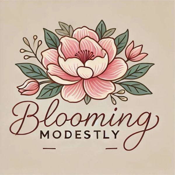Illustration of a blooming flower with text "Blooming Modestly".
