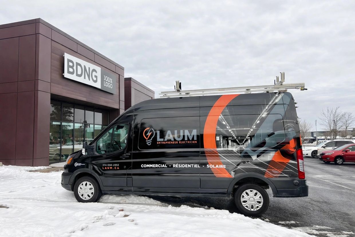 A black LAUM electrician van parked outside a building in a snowy area.