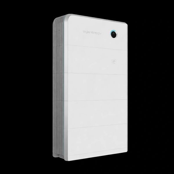 White SigineEnergy battery storage unit on black background.