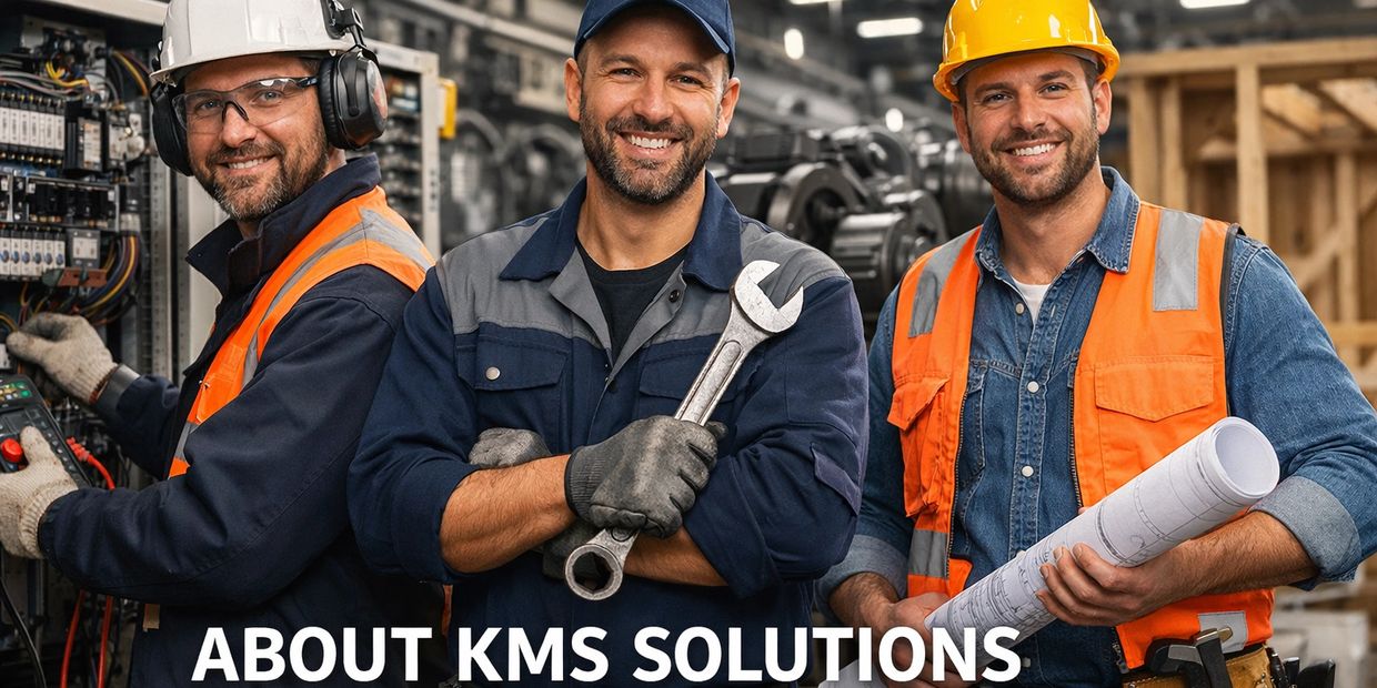 Three smiling workers in a factory setting with tools and safety gear.