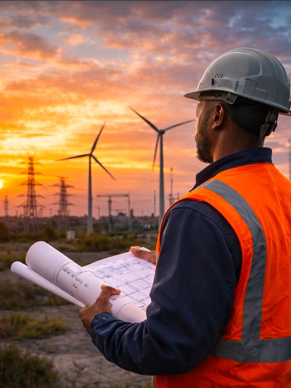 Engineer inspecting wind turbines at sunset with blueprints.