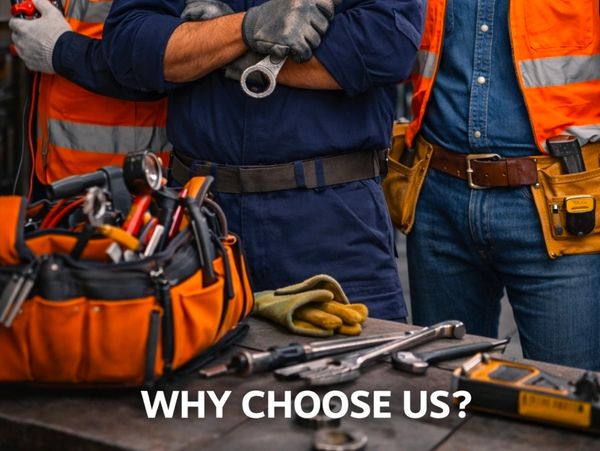 Confident technicians with tools and the phrase 'Why Choose Us?'.