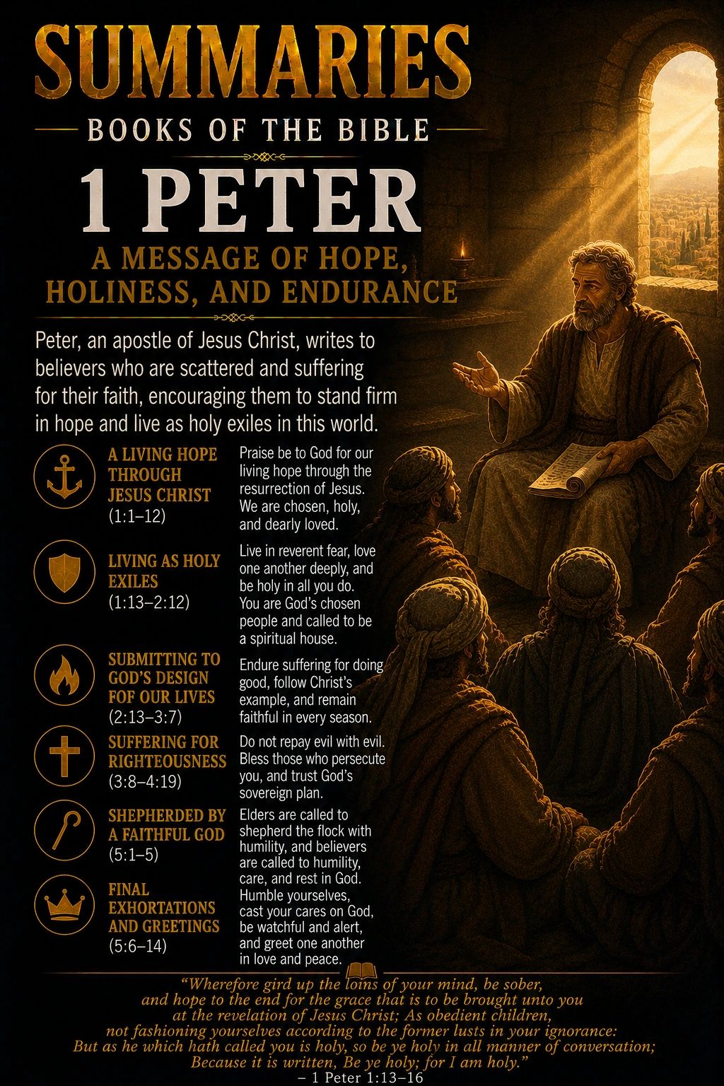 Summary of 1 Peter: hope, holiness, endurance in faith amid suffering.