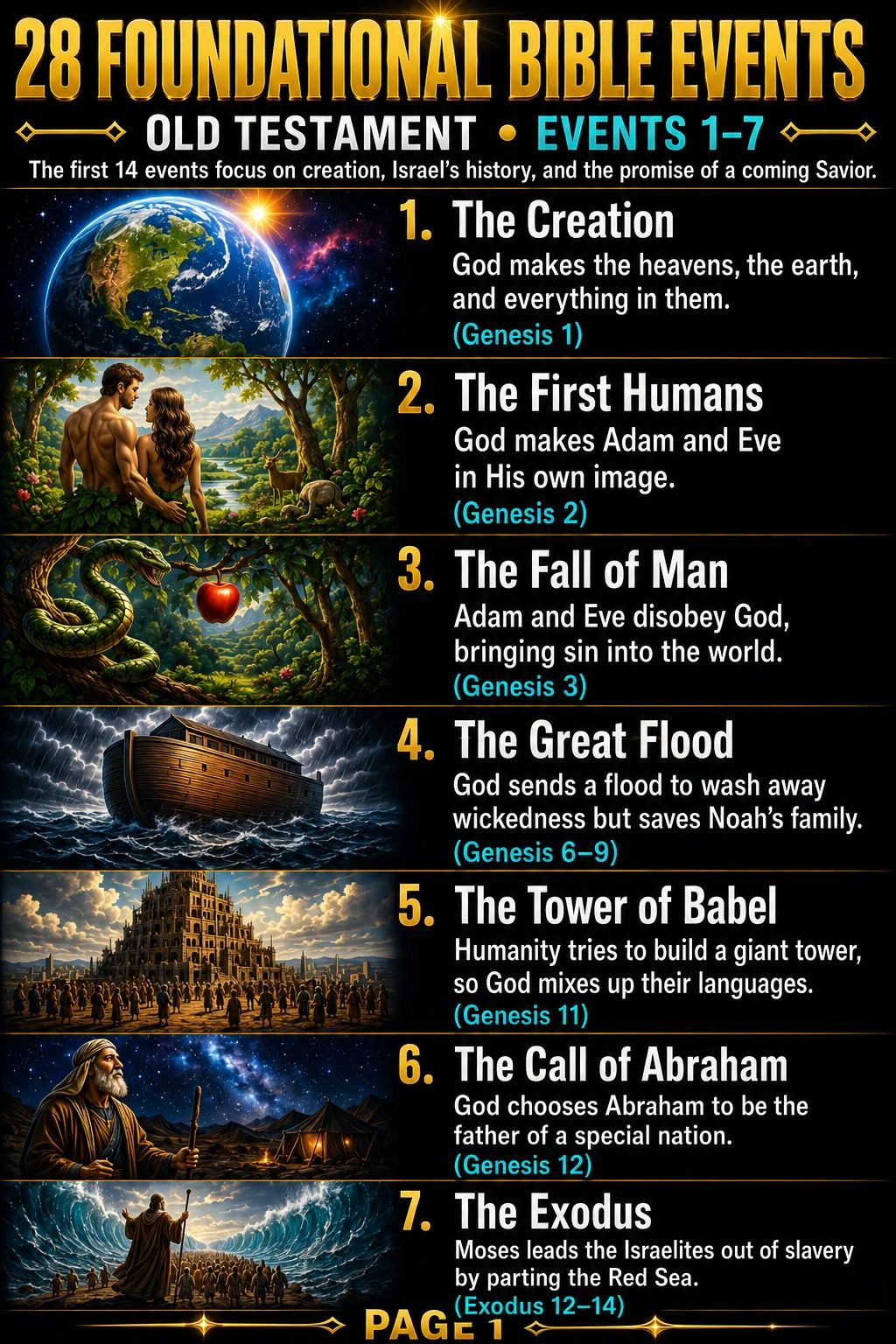 Visual summary of the first 7 foundational Old Testament Bible events with scripture references.