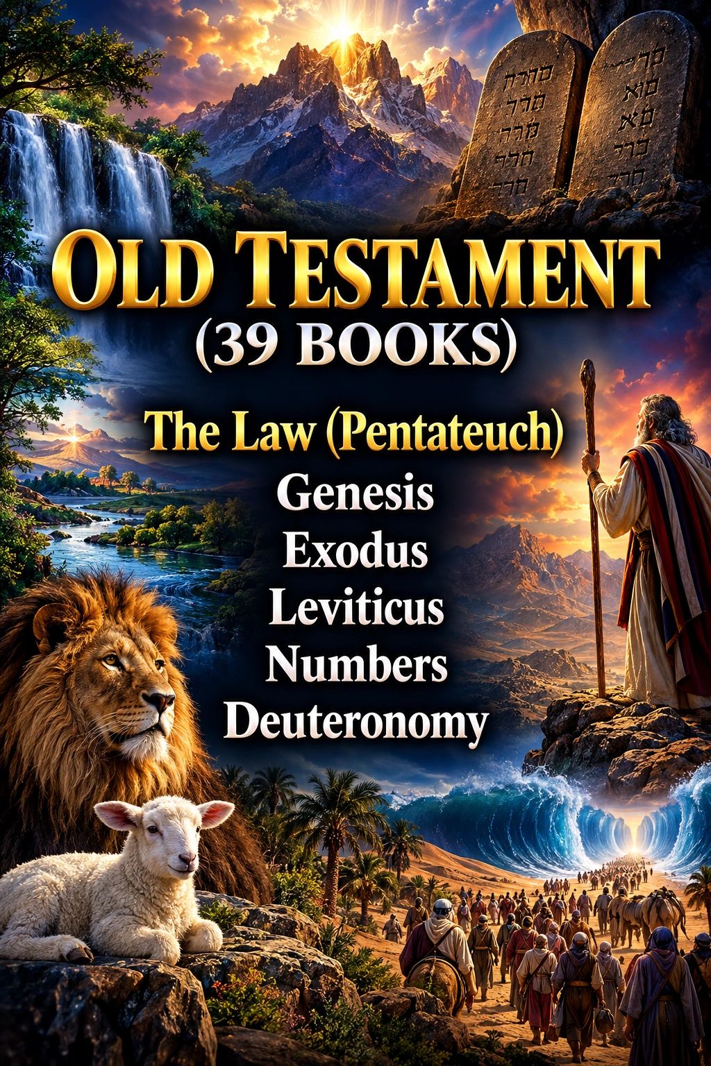 Illustration of Old Testament Pentateuch books with biblical imagery.