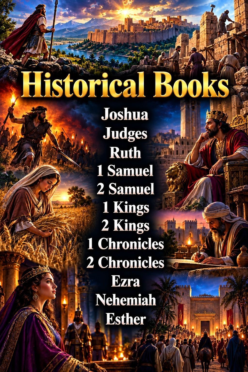 Collage of historical biblical figures with book titles.