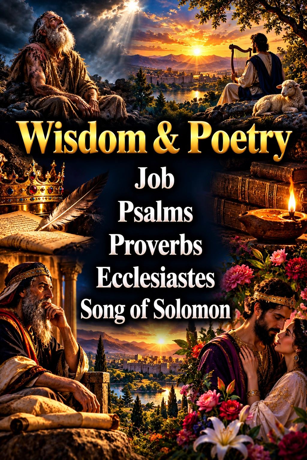 Illustration of biblical wisdom and poetry themes from Job to Song of Solomon.