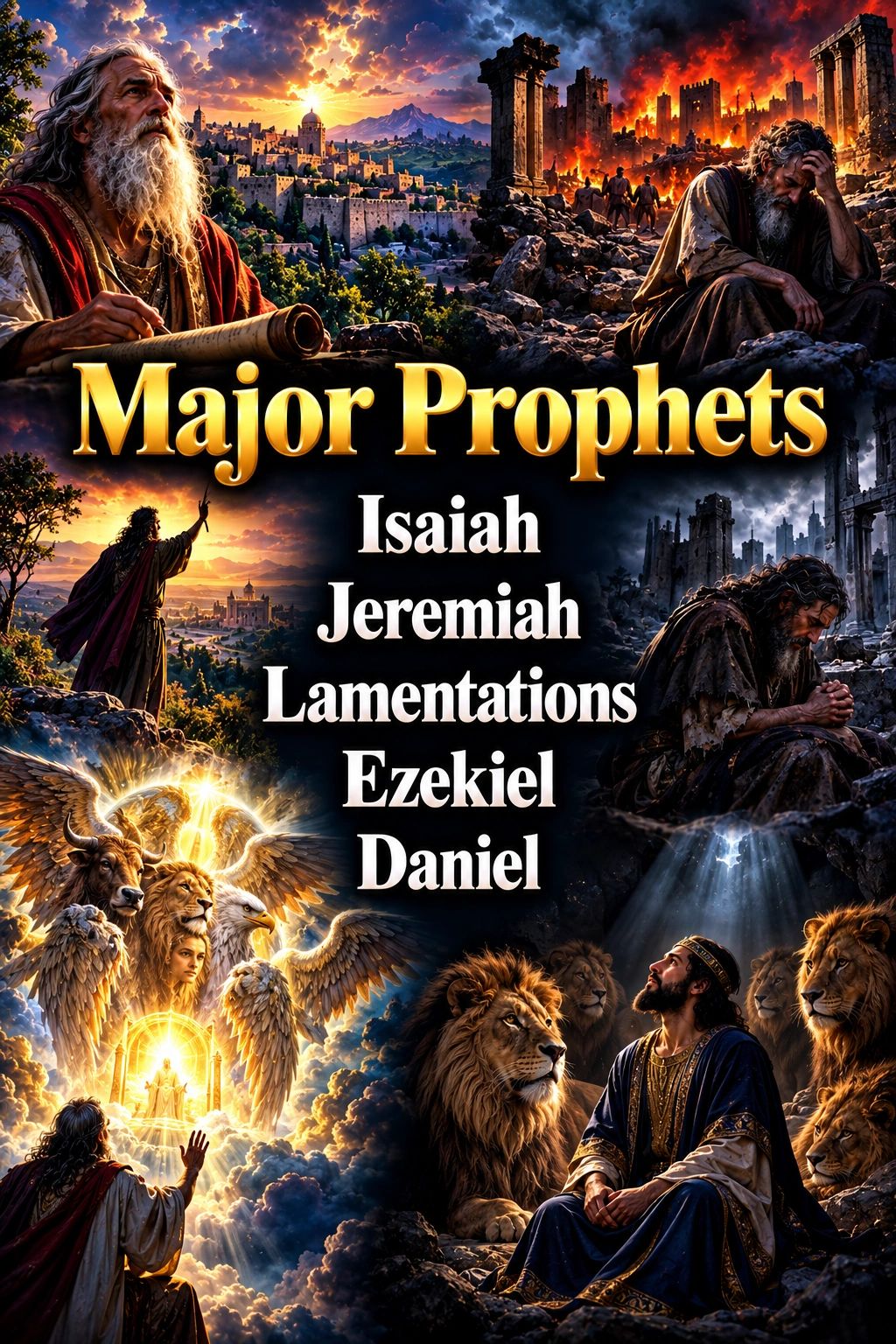 Majestic depiction of major biblical prophets with vivid scenes and symbols.