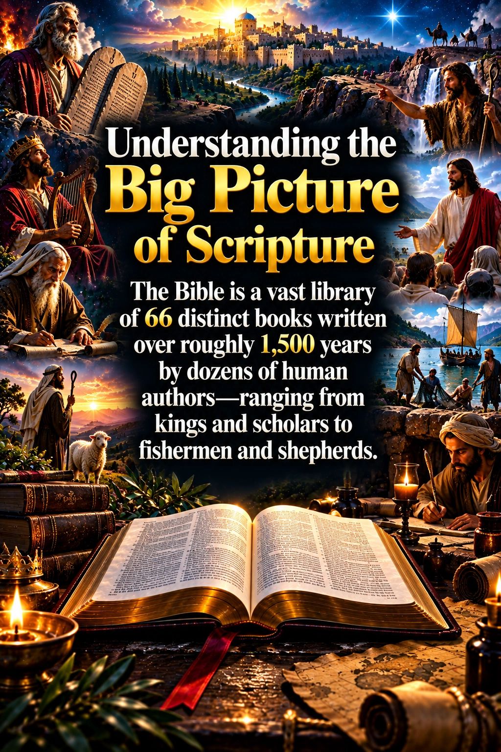 Visual depiction of biblical stories with an open Bible and text explaining its vastness and history.