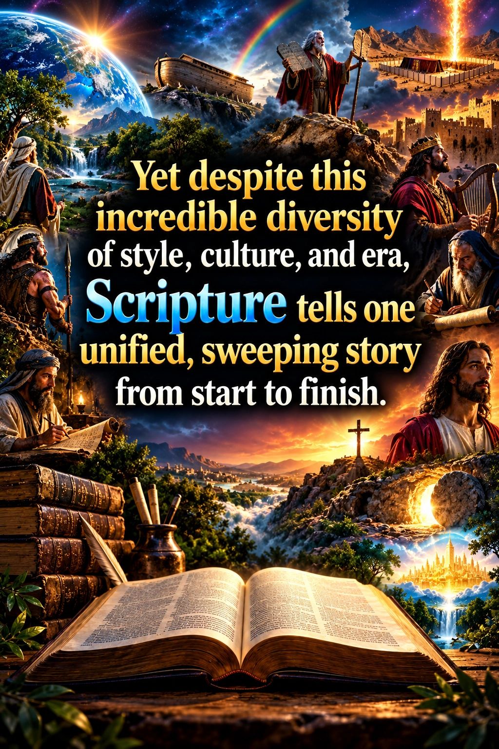 Depiction of diverse biblical scenes illustrating a unified scripture story.