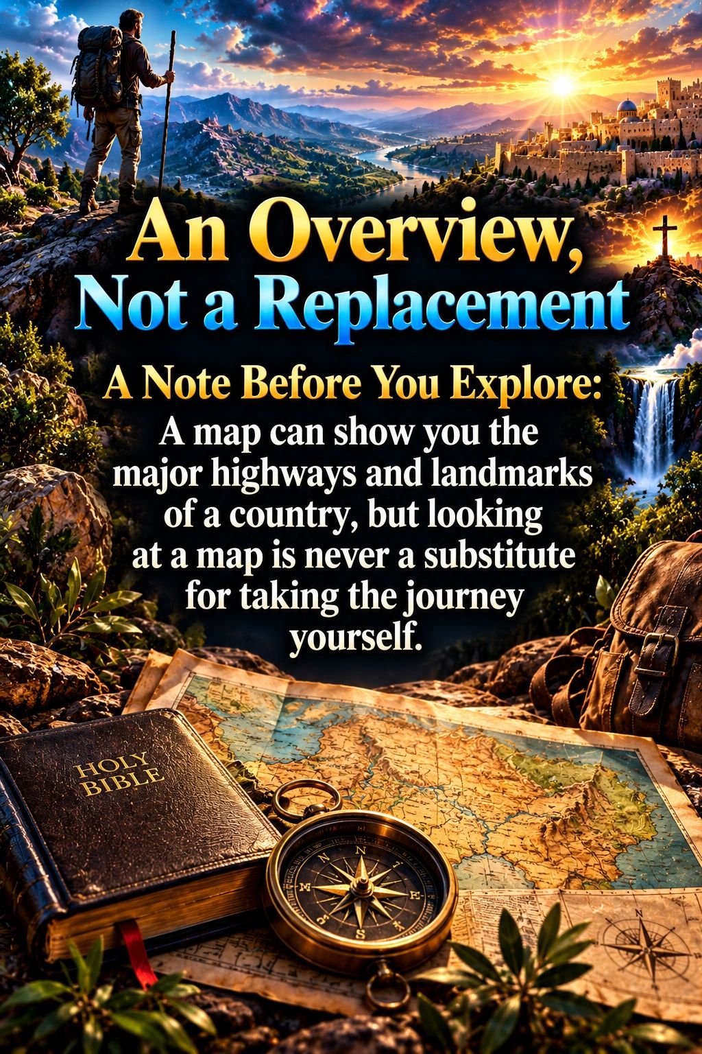 A motivational message about the journey over a scenic landscape.
