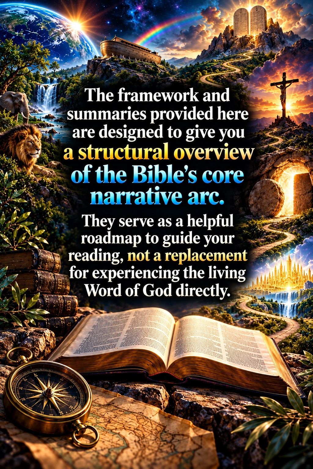 A Bible with nature and biblical symbols, highlighting a spiritual message.