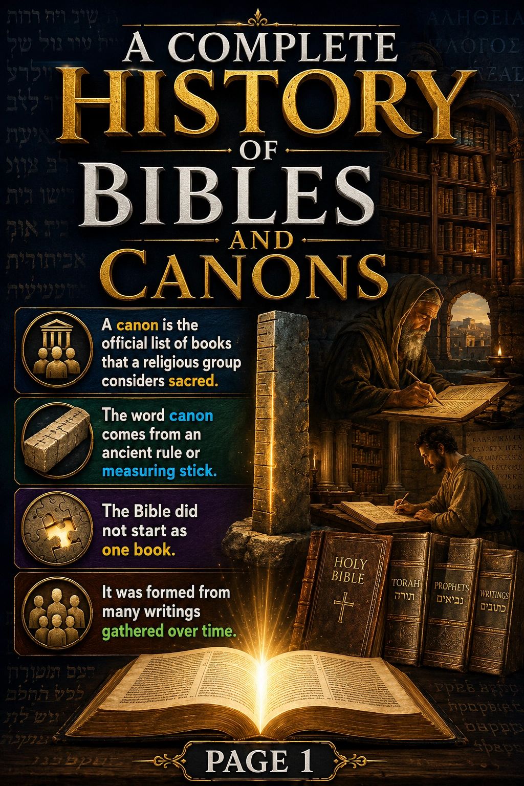 A detailed history of Bibles and canons with illuminated manuscripts and ancient books.
