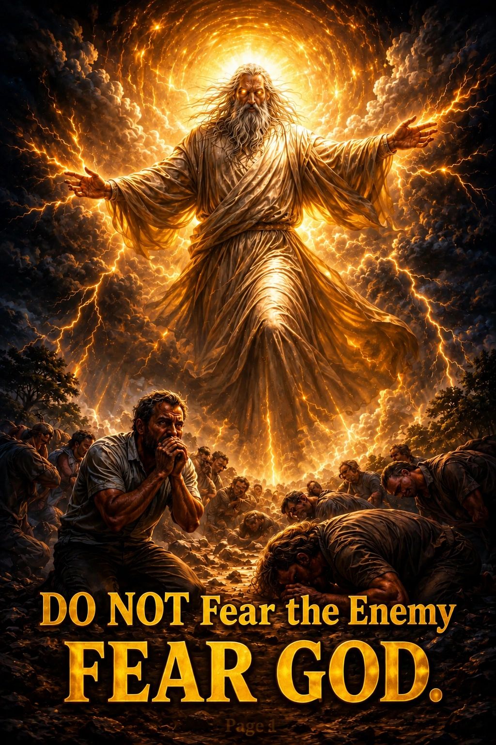 A divine figure radiates golden light as people kneel in awe and fear below.