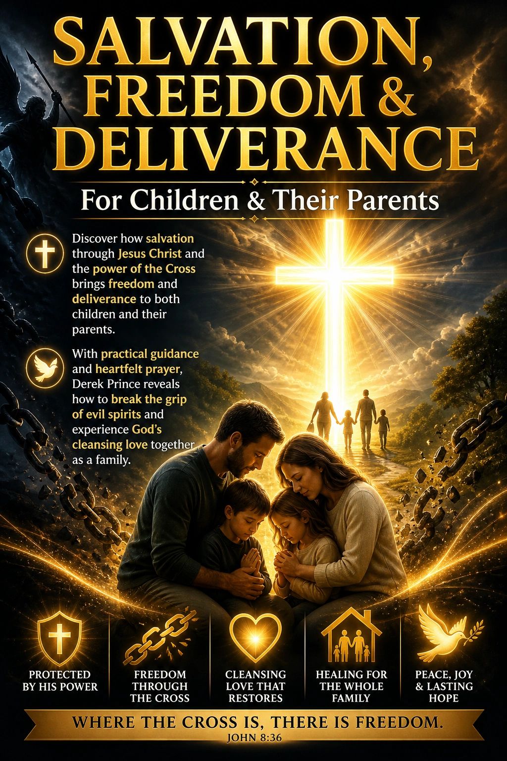 A family praying with a glowing cross symbolizing salvation, freedom, and deliverance.