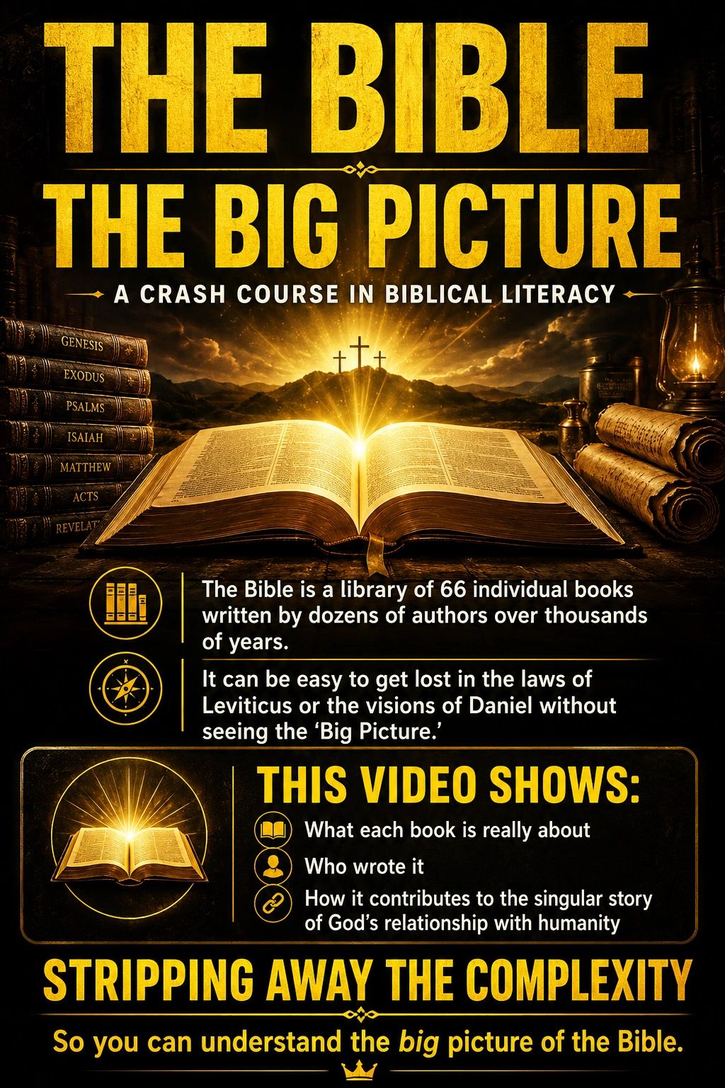 The Bible illuminated, highlighting its 66 books and the big picture of God's relationship with humanity.