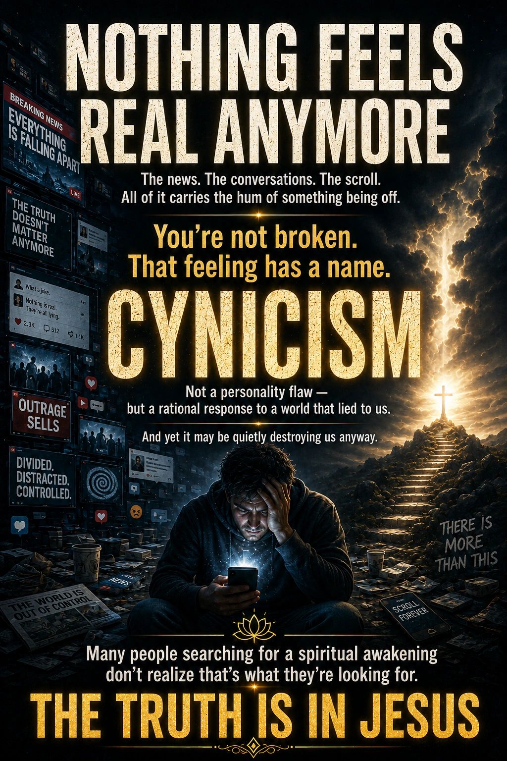 A man overwhelmed by cynicism, searching for truth and spiritual awakening in Jesus.