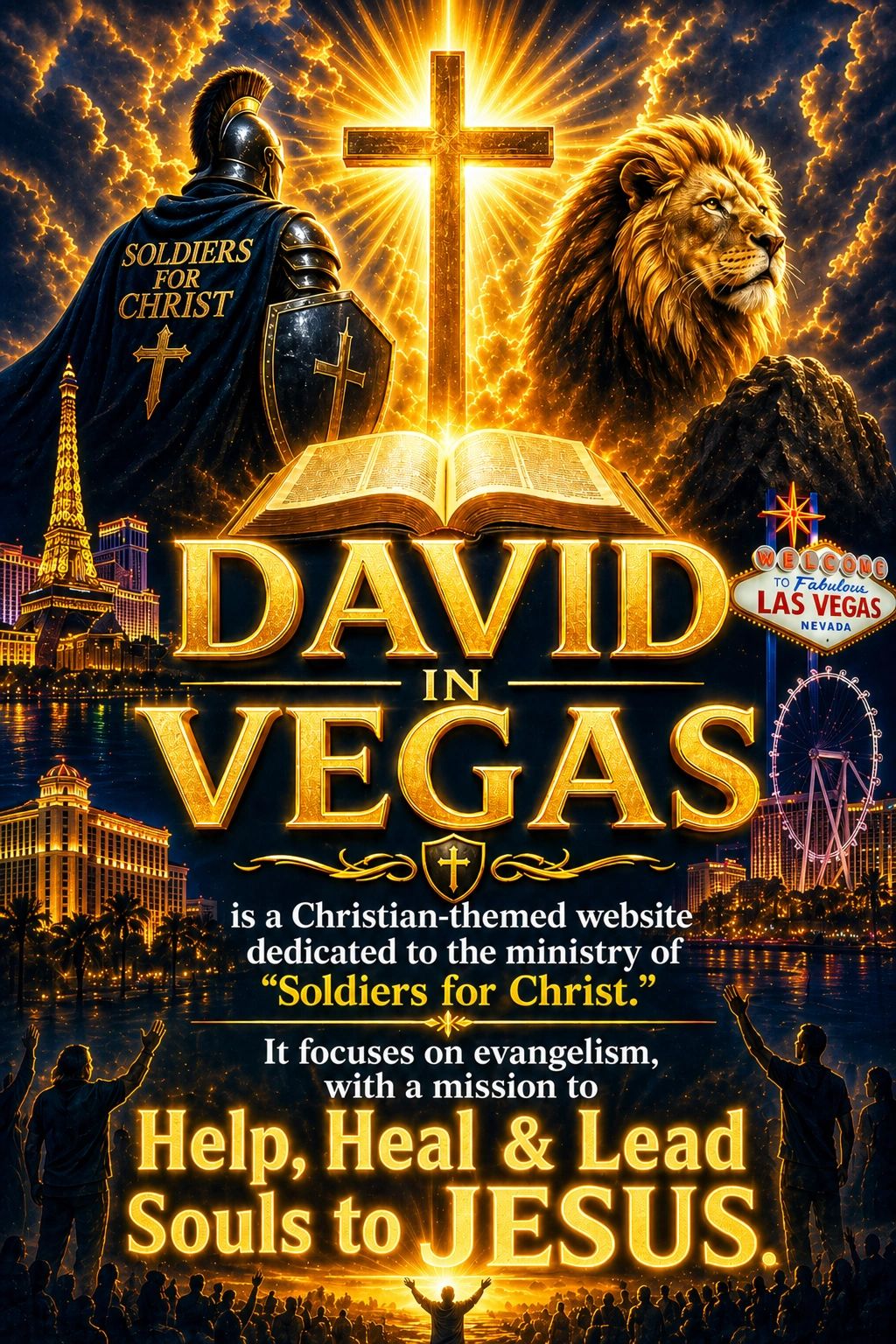 Christian-themed image with a soldier, lion, cross, and Las Vegas landmarks.