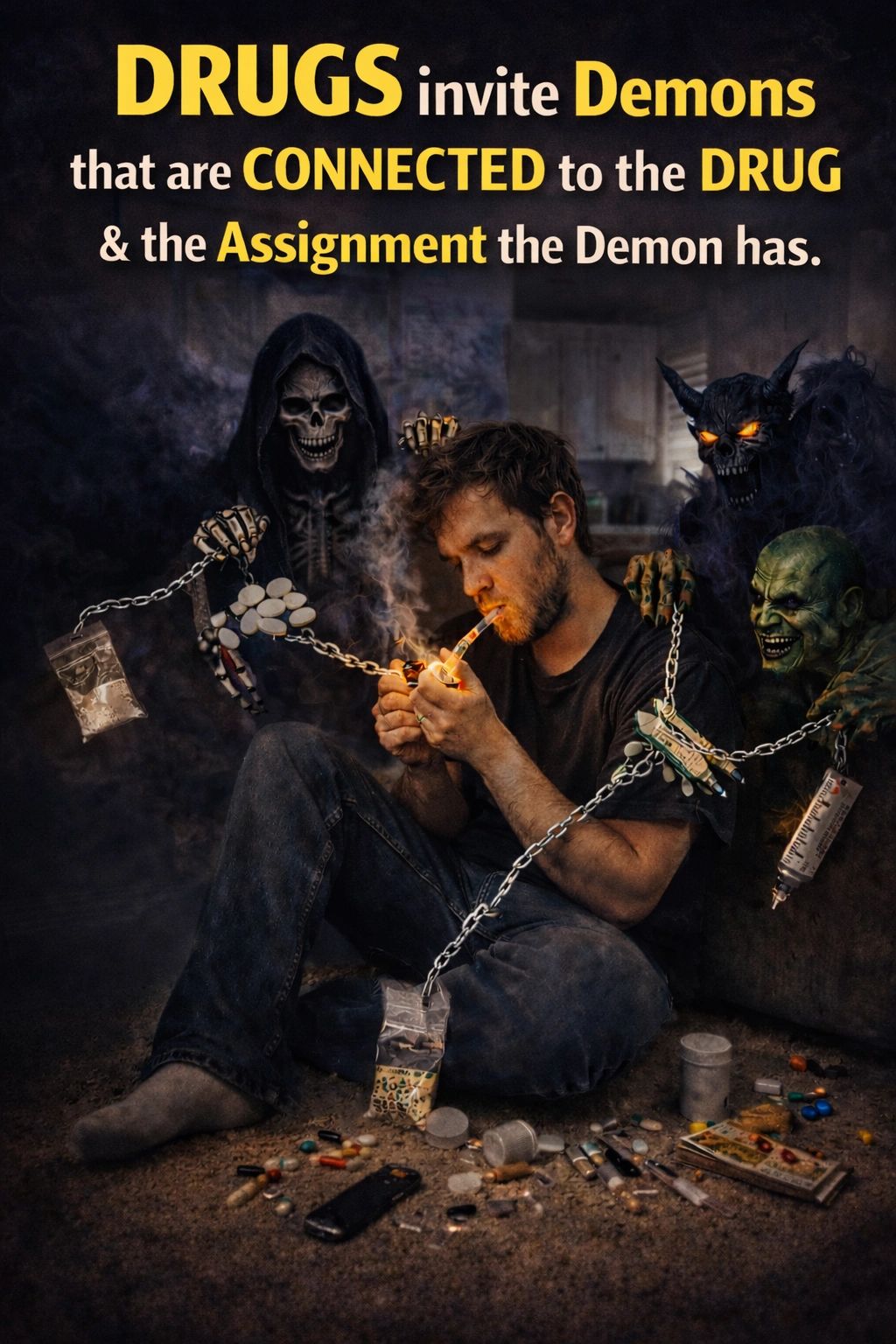 A man lighting a pipe surrounded by chained demons symbolizing drug addiction.