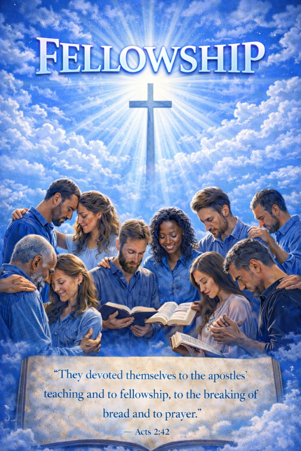 A group united in prayer and fellowship under a radiant cross.