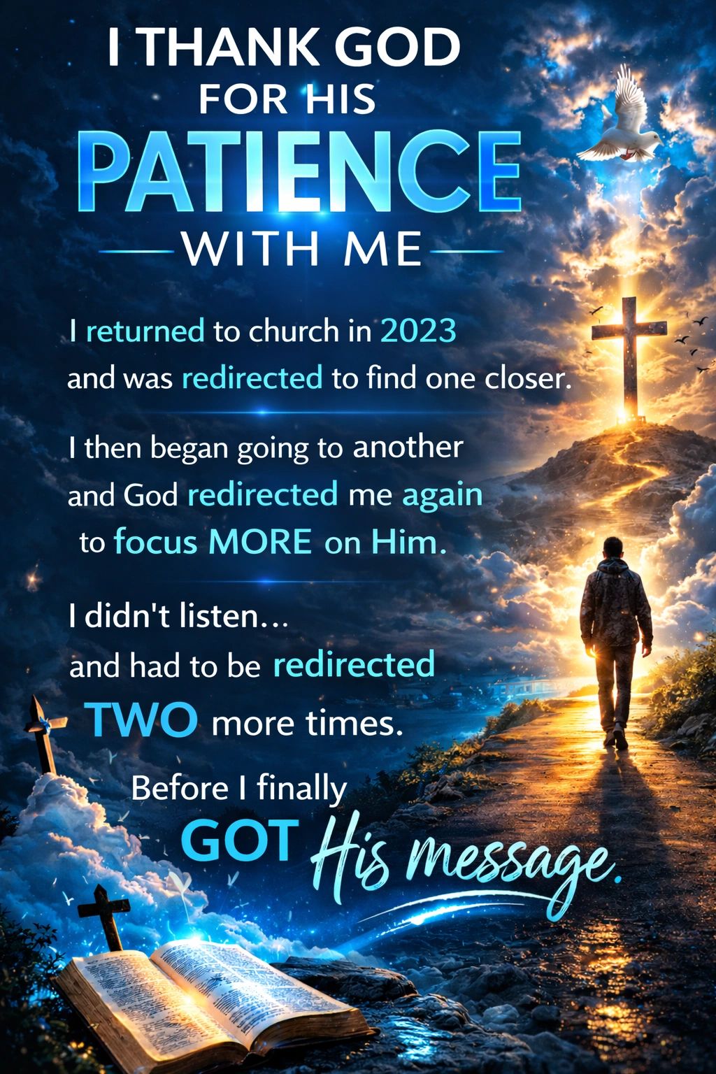 A man walks a glowing path towards a cross with a dove flying above, symbolizing spiritual guidance and patience.