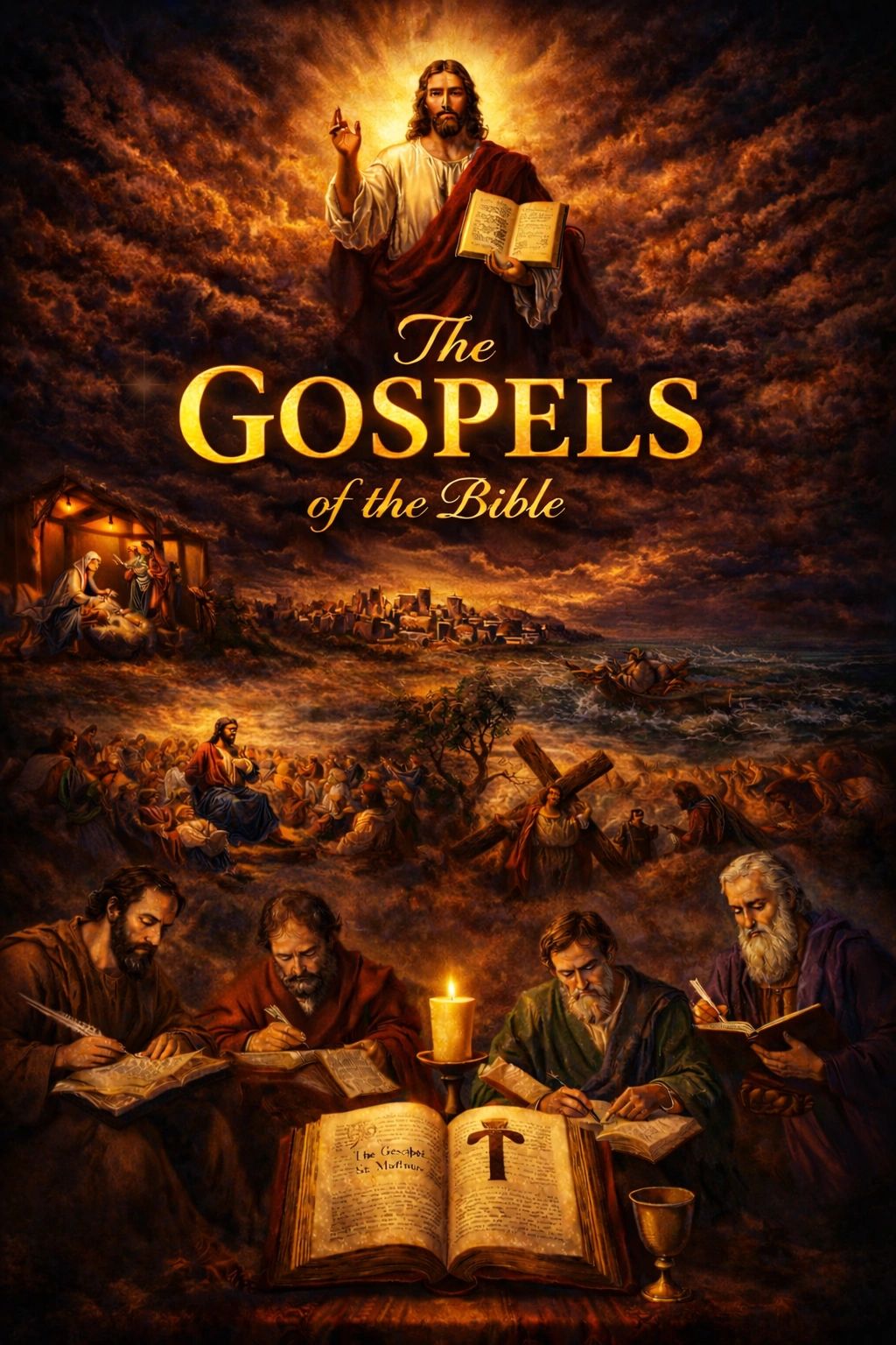 Illustration of Jesus, biblical scenes, and gospel writers with a glowing candle and scripture.