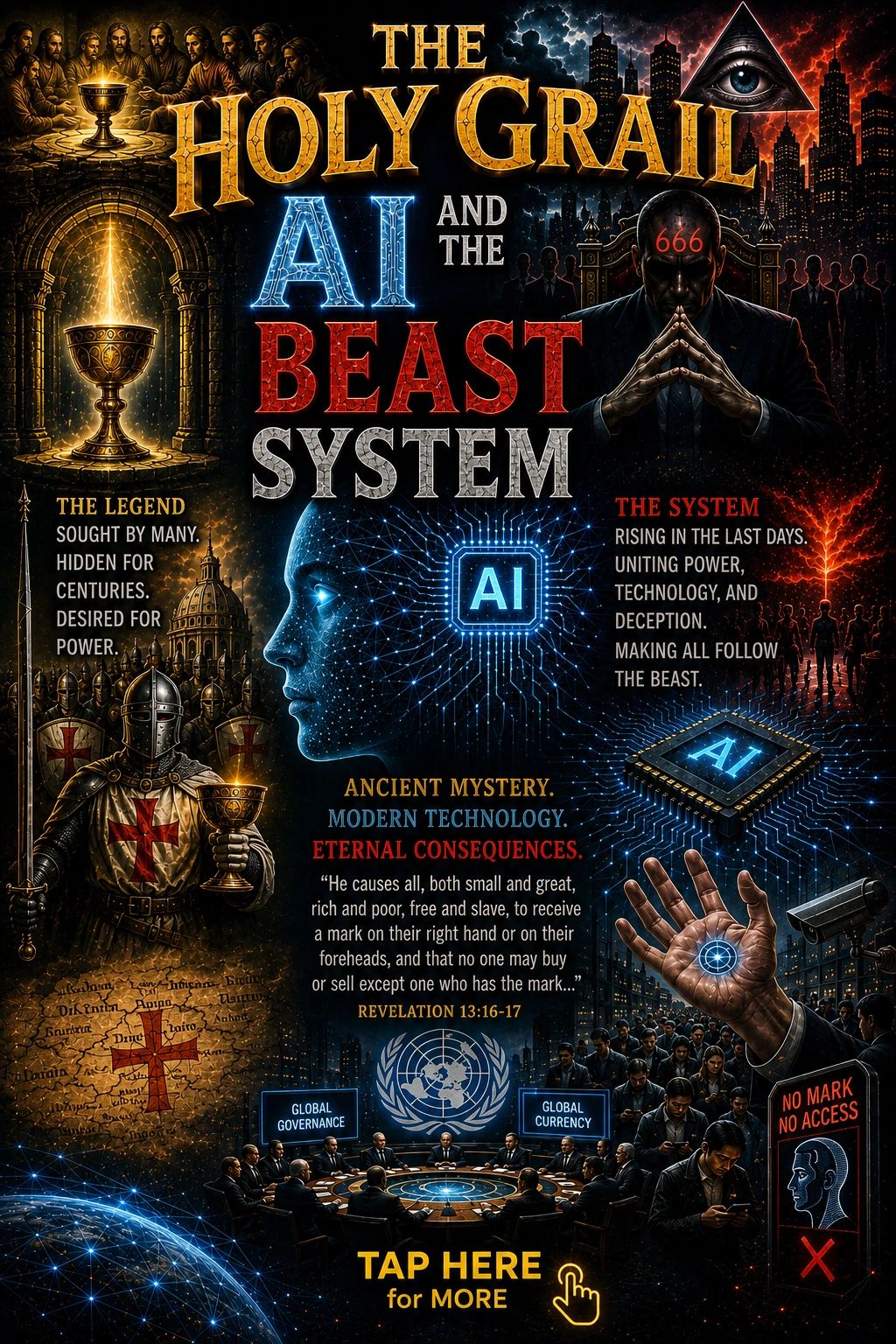 The Holy Grail and AI Beast System with apocalyptic and technological themes.