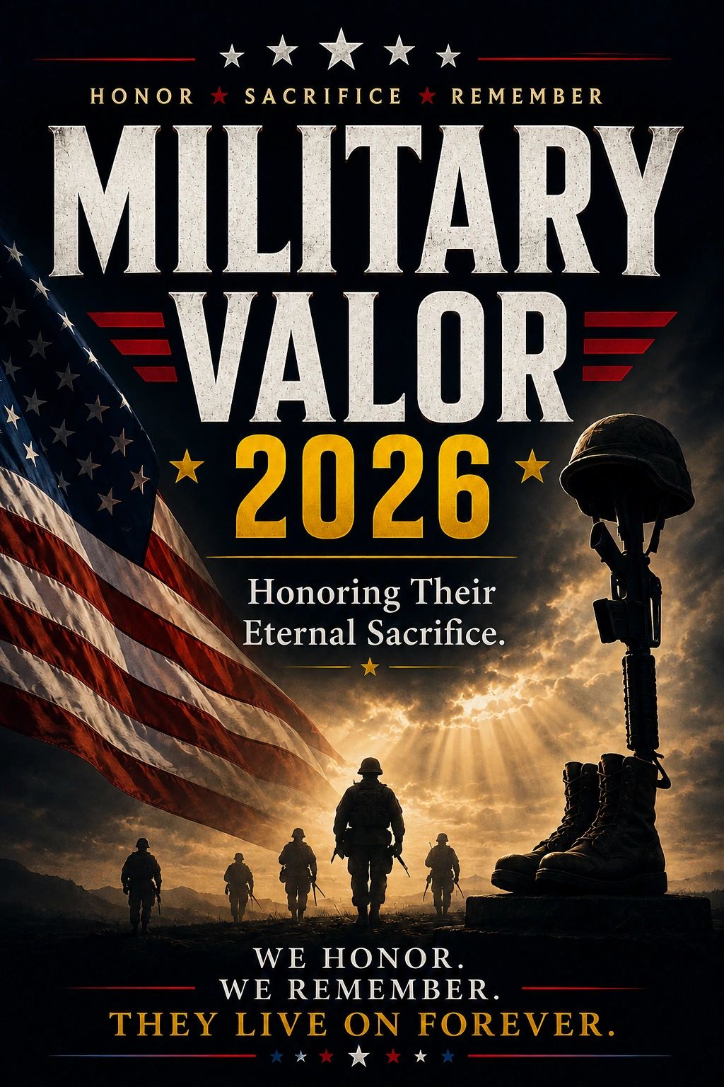 Military valor tribute honoring eternal sacrifice with soldiers and flag.