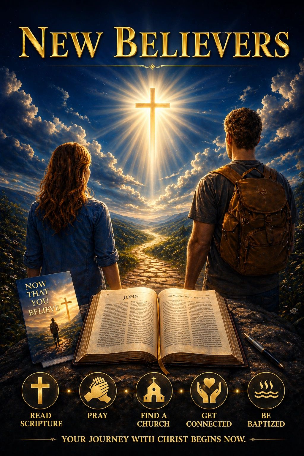 Two believers follow a glowing path toward a radiant cross in the sky.
